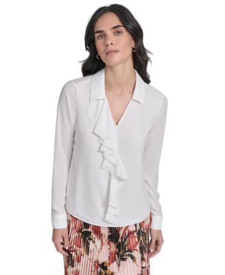 Calvin Klein - Petite Ruffle-Trim Collared Blouse