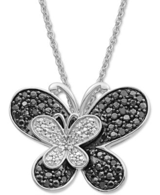 Macy's - Black Diamond (1/6 ct. t.w.) & White Diamond Accent Double Butterfly Pendant Necklace in Sterling Silver, 16" + 2" extender