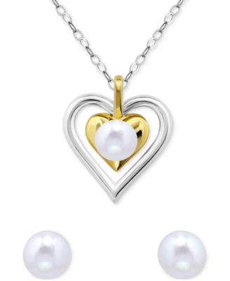 Macy's - 2-Pc. Set Cultured Freshwater Pearl (6mm) Double Heart Pendant Necklace & Complementing Stud Earrings in Sterling Silver & 18k Gold-Plate