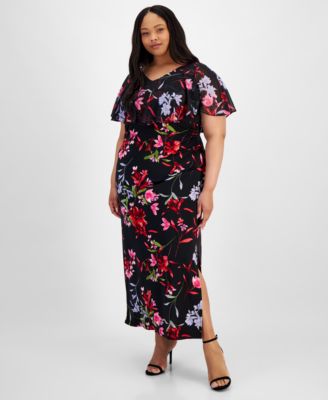 Connected - Plus Size V-Neck Floral Cape Maxi Dress