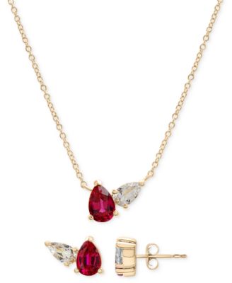 Macy's - 2-Pc. Set Lab-Created Ruby (1-1/2 ct. t.w.) & Lab-Created White Sapphire Pear Duo Pendant Necklace & Matching Stud Earrings in 14k Gold-Plated Sterling Silver