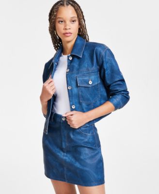 Bar III - Women's Denim-Finish Faux-Leather Trucker Jacket