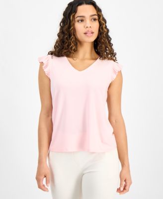 AK Anne Klein - Petite Pleated Flutter-Sleeve V-Neck Top