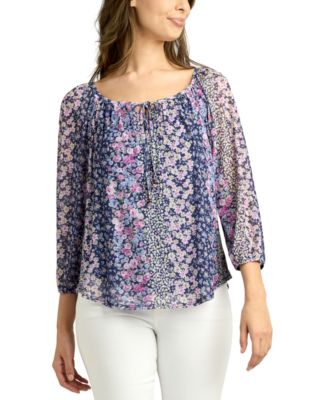 BCX - Juniors' Printed Mesh 3/4-Sleeve Peasant Top