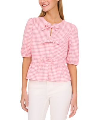 CeCe - Women's Gingham Bow-Front Peplum Top