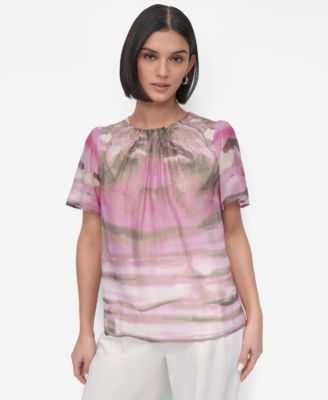 DKNY - Women's Printed Puff-Shoulder Blouse