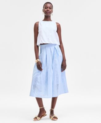 On 34th - Women's Cotton Eyelet Pleated Midi Skirt
