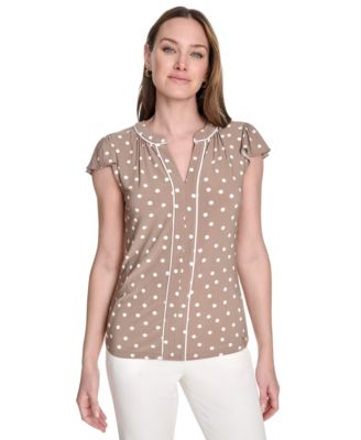 Tommy Hilfiger - Women's Dot-Print Split-Neck Flutter-Sleeve Top