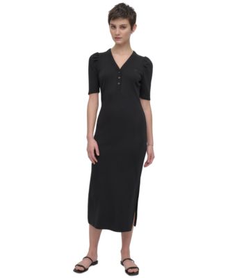DKNY Jeans - Women's Puff-Sleeve Henley Midi Dress