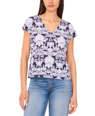 Sam & Jess - Petite Printed V-Neck Cap-Sleeve Tee