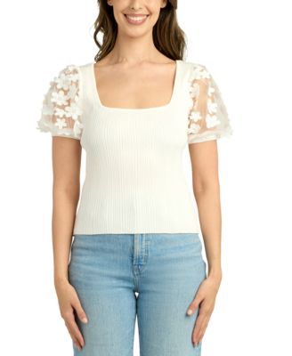 BCX - Juniors' Embellished Woven-Sleeve Scoop-Neck Sweater