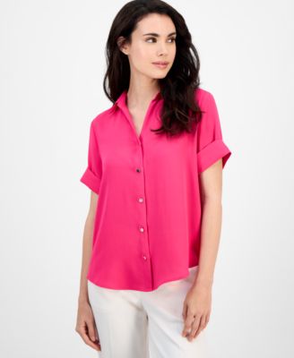 AK Anne Klein - Petite Collared Button-Front Shirt