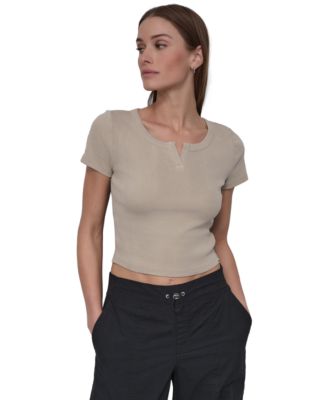 DKNY - Women's Ribbed Notched-Neck Cropped T-Shirt