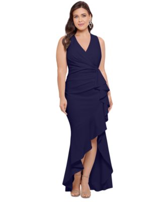 Betsy & Adam - Plus Size Sleeveless Ruffled High-Low Gown