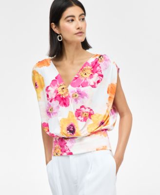 I.N.C. International Concepts - Women's Printed Ruched-Shoulder Top