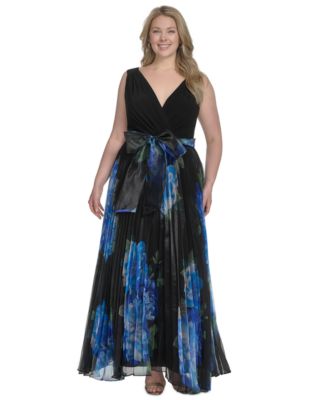 Eliza J - Plus Size V-Neck Printed Pleated Organza Gown