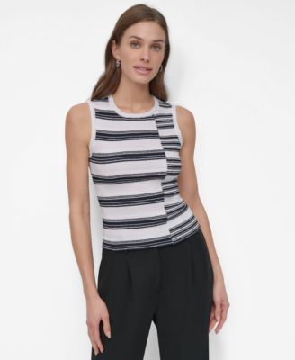 DKNY - Petite Striped Ribbed Knit Sleeveless Top