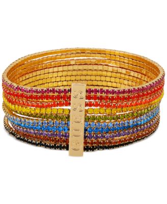 GUESS - Gold-Tone Rainbow Rhinestone Multi-Row Stretch Bracelet