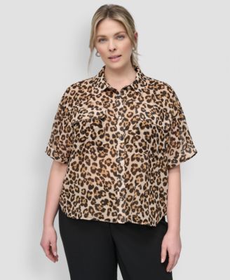 DKNY - Plus Size Animal Print Short-Sleeve Button-Front Shirt