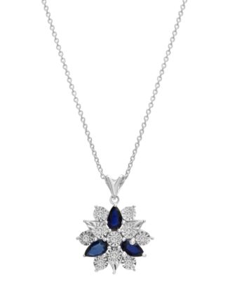 Macy's - Lab-Grown Blue Sapphire (7/8 ct. t.w.) & Diamond (1/10 ct. t.w.) Flower 18" Pendant Necklace in Sterling Silver
