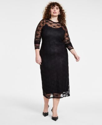 Bar III - Trendy Plus Size Lace Long-Sleeve Midi Dress