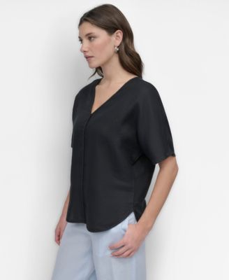 DKNY - Women's Seamed-Front V-Neck Curved-Hem Linen Blouse