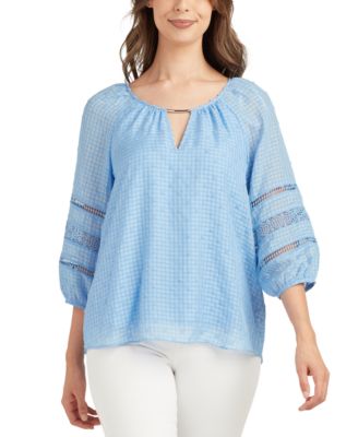 BCX - Juniors' Swiss-Dot 3/4-Sleeve Crocheted-Trim Top