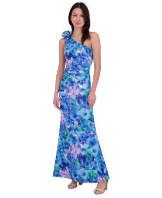Eliza J - Women's Printed Rosette Asymmetric One-Shoulder Gown