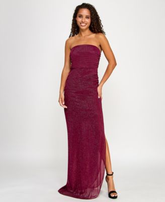 Emerald Sundae - Juniors' Glitter Mesh Asymmetric Strapless Gown