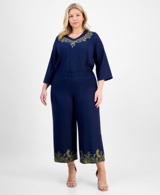 JM Collection - Plus Size Metallic Embroidered-Hem Capri Pants