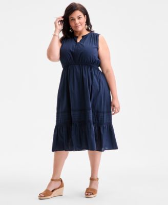 Style & Co - Plus Size Cotton V-Neck Sleeveless Lace-Inset Midi Dress