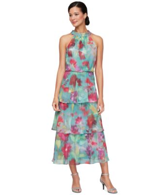 SL Fashions - Women's Floral Tiered Halter-Neck Tea Dress