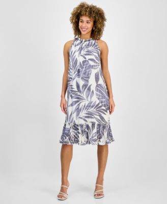 Robbie Bee - Petite Printed Sleeveless Ruffle-Trim A-Line Dress