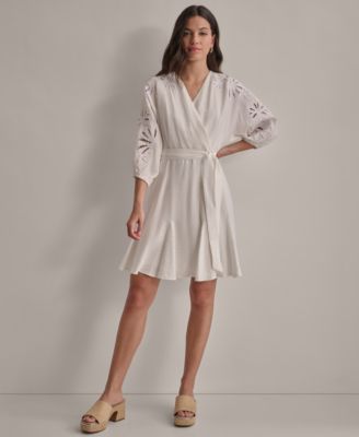 DKNY - Women's V-Neck Embroidered-Trim Belted Dress