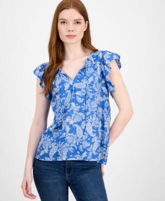 Tommy Hilfiger - Women's Floral-Print Flutter-Sleeve Top